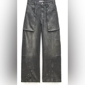 ZARA Grey Paint-Splatter Cargo Wide Leg Jeans | Utility Streetwear Denim‎